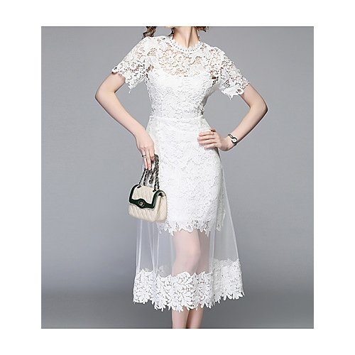 Women Lace Party Daily Vintage Street chic Petal Sleeves Slim A Line Dress, Solid Colored Floral Geometric Lace Cut Out Tassel H