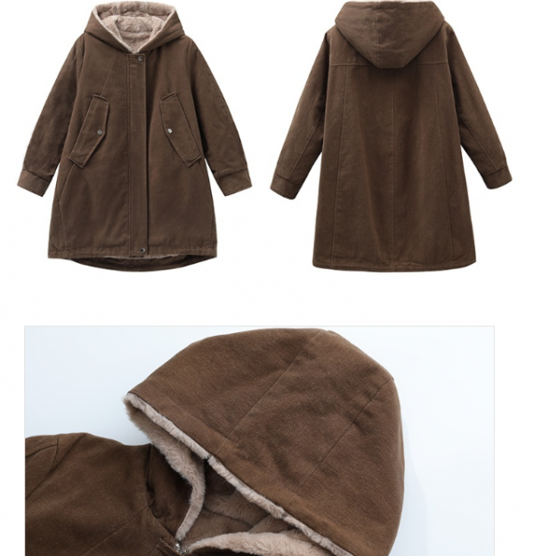 Fleece-lined Thick Hooded Parka Mid-length Long Sleeve Zipper