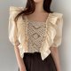 Square Collar Lace Crochet Hollow Puff Sleeve Shirt Women Short Sleeve Top Clothes