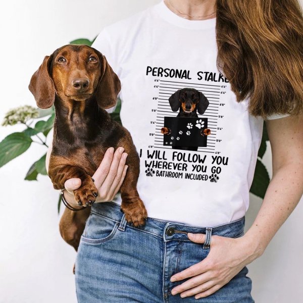 Dachshund Dog Cartoon Print Personality Loose Short Sleeve Couple T-shirt for Men and Women