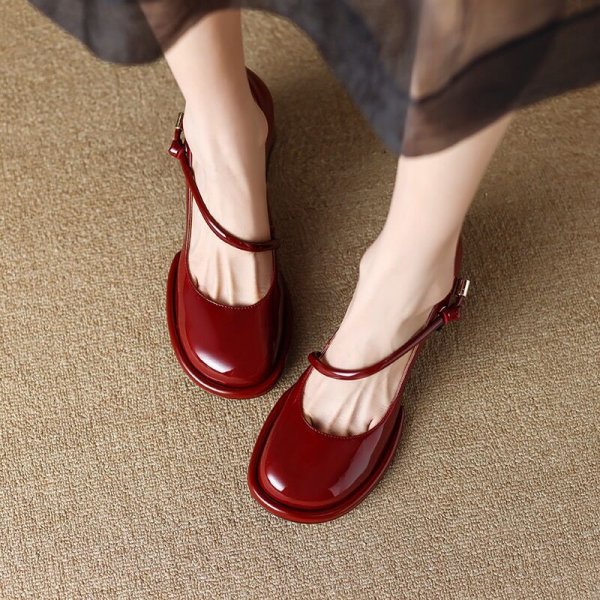 Vintage Mary Jane Shoes Women's Spring French Style Red High Heels Chunky Heel Low-cut Shoes