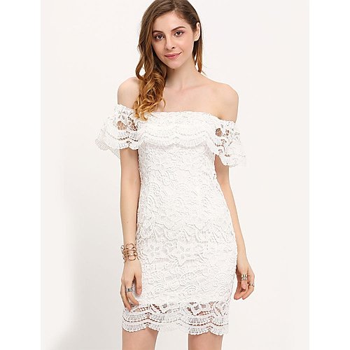 Women Off Shoulder Daily Bodycon Dress, Solid Colored Lace Backless Boat Neck White