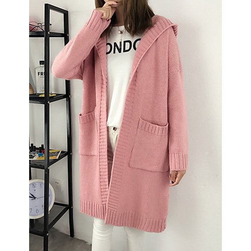 Daily female long-sleeved solid color long coat, hooded